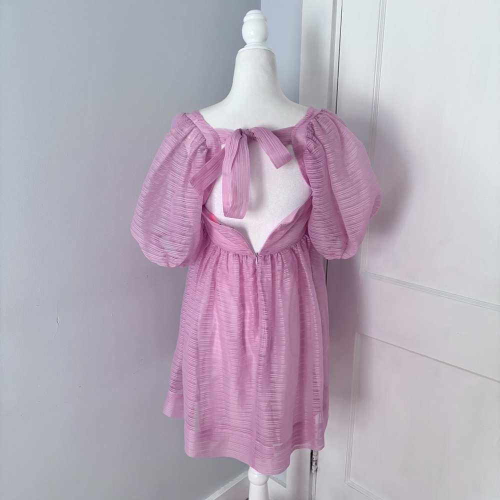 BHLDN x Free People Alaine Dress Mini Puff Sleeve Bow Back Square Neck Pink - Picture 5 of 7